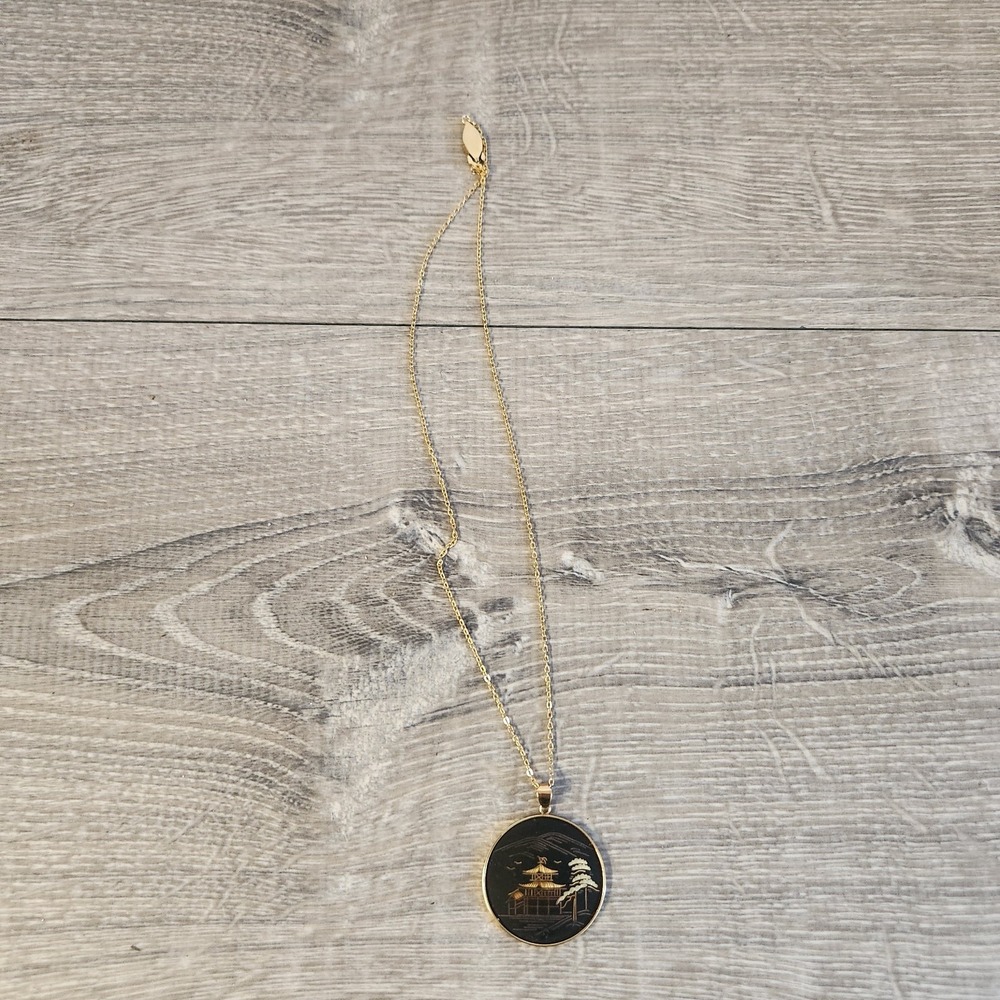 Vintage Amita Japanese House Landscape Damascene Pendant & Chain Black With Box - Picture 4 of 10